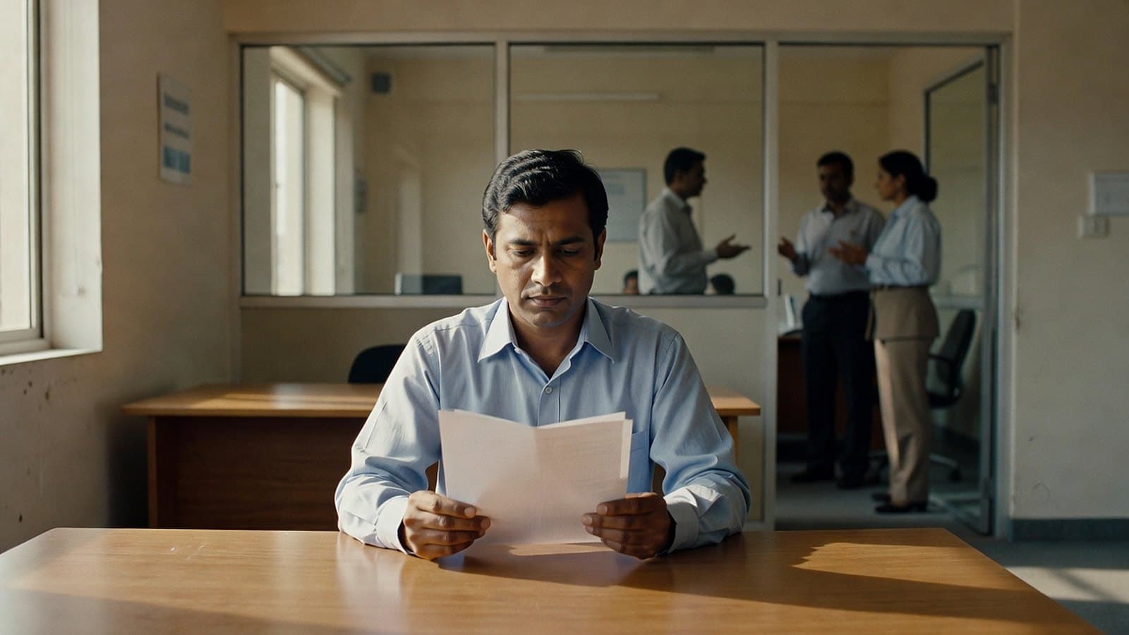 A manager alone at a desk in a plain office reading a printed stack of feedback forms, colleagues visible through a glass partition behind him