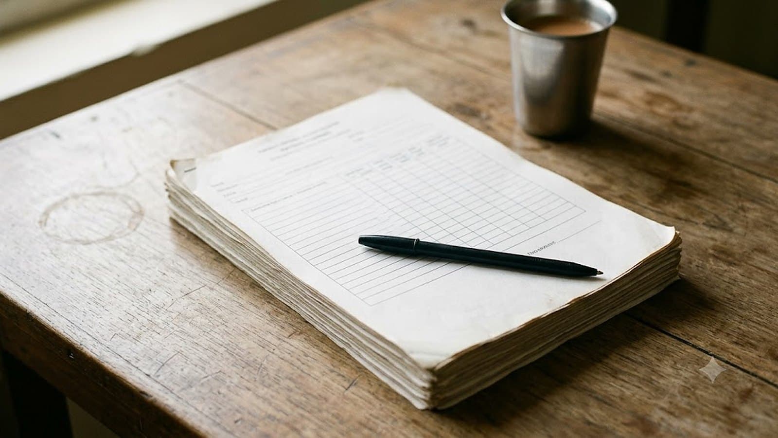 A stack of blank printed rating forms and a pen on a worn office desk beside a window, photographed as a close still life