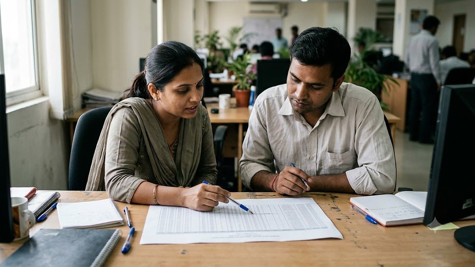 Two HR colleagues reviewing a spreadsheet of assessment tools at a desk in a plain office, one pointing at a row