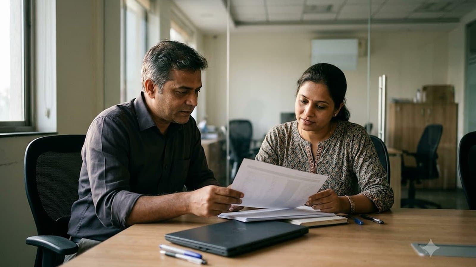 Two colleagues at a plain table in a bright office reviewing a short stack of printed assessment sheets beside a closed laptop