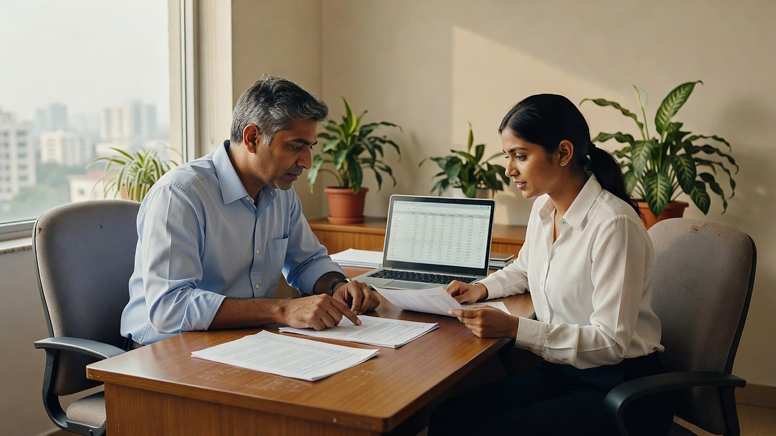 A manager and a colleague at a desk in a bright office, comparing a printed framework against a spreadsheet on screen