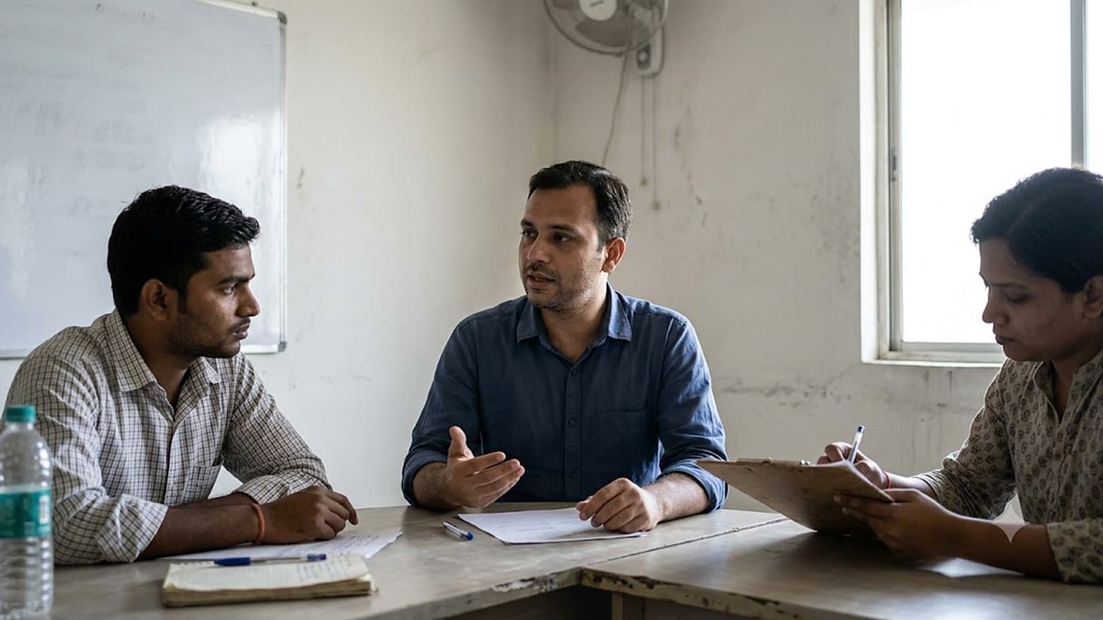 A team leader speaking to two colleagues beside a whiteboard in a plain meeting room, one colleague taking notes