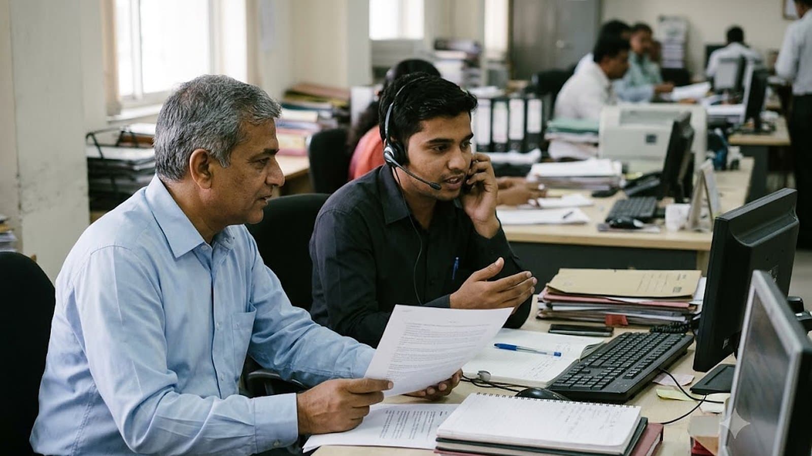 A manager sitting beside a colleague at a shared desk in a bank branch office, holding a printed one-page form while the colleague works at a screen