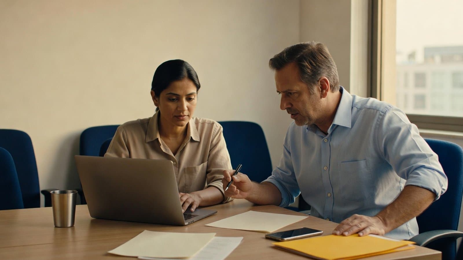 Two colleagues at a meeting table in a bright office, one explaining a point with a pen while the other listens with a laptop open
