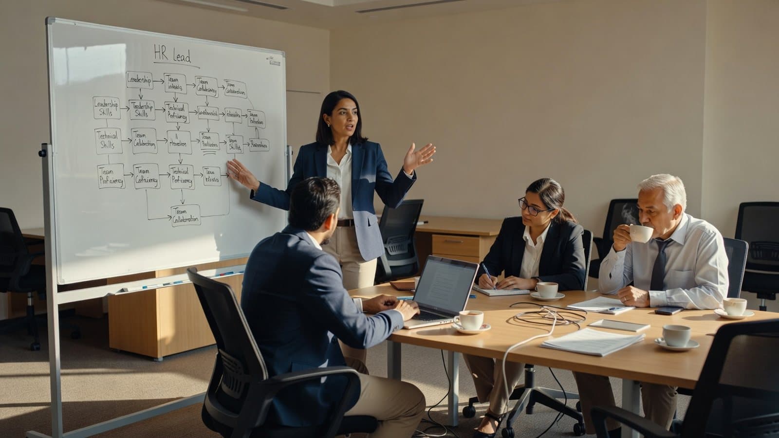 An L&D lead talking a team through a competency matrix on a whiteboard in an office training room