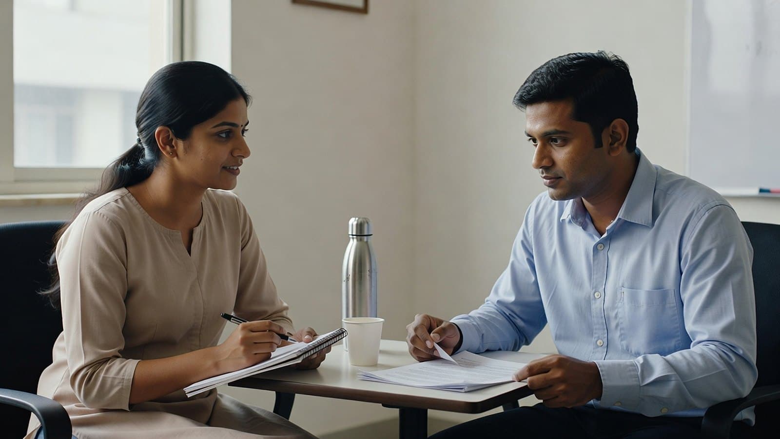 Two colleagues at a small office table, one listening with a notepad while the other reads a printed report